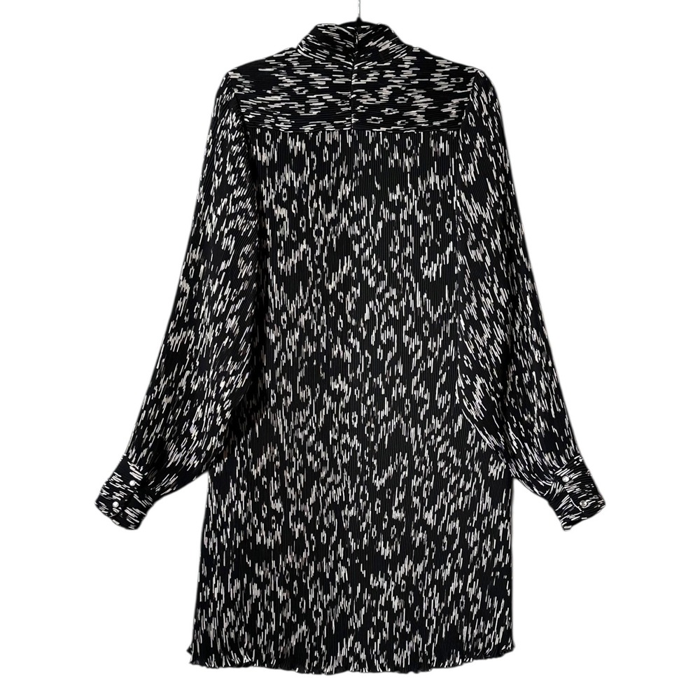 Essentiel Antwerp Astatic Pleated Mock Neck Bishop Sleeve Dress Black White 40 - Picture 3 of 13